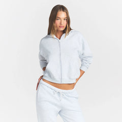 COTTON FLEECE CLASSIC ZIP UP HOODIE | LIGHT HEATHER GREY ON A MODEL FRONT VIEW @ | FOCUS: 0.0, 1.0, 0.9