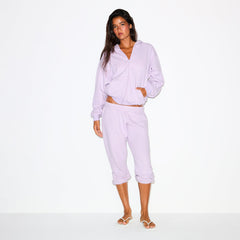 COTTON FLEECE CLASSIC ZIP UP HOODIE | PURPLE HEATHER ON A MODEL FRONT VIEW @ | FOCUS: 0.0, 1.0, 0.9