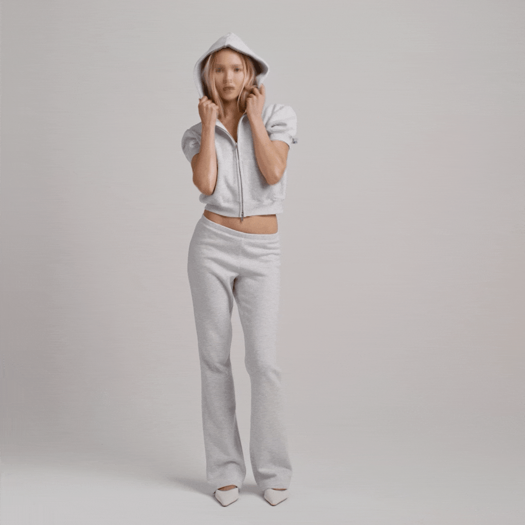 COTTON FLEECE BUBBLE SLEEVE CROPPED ZIP UP | LIGHT HEATHER GREY ON A MODEL FRONT VIEW @ | FOCUS: 0.0, 1.0, 0.9 @ 