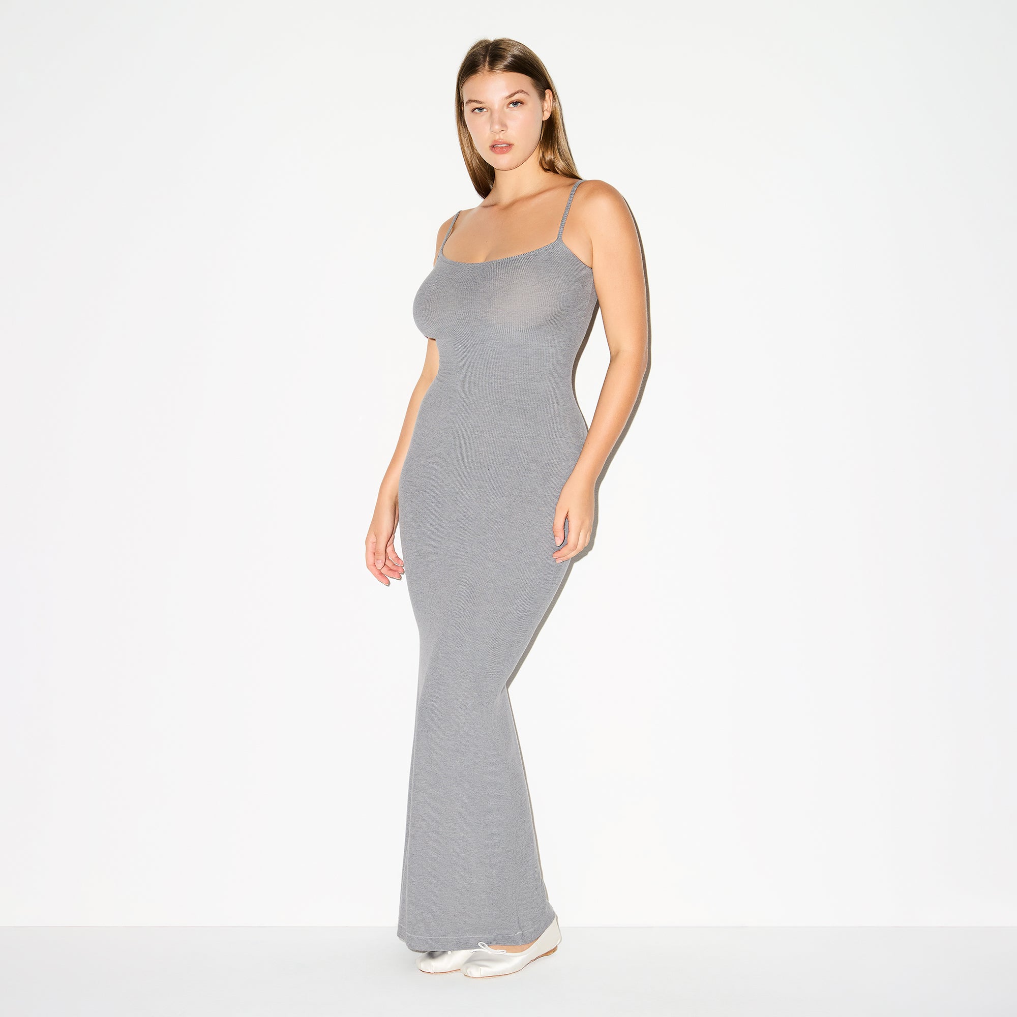 SOFT LOUNGE LONG SLIP DRESS | HEATHER GREY ON A MODEL FRONT VIEW @ | FOCUS: 0.0, 1.0, 0.9