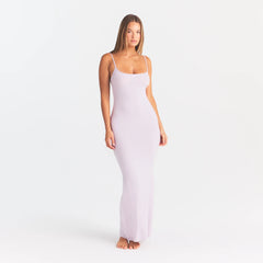 SOFT LOUNGE LONG SLIP DRESS | IRIS MICA ON A MODEL FRONT VIEW @ | FOCUS: 0.0, 1.0, 0.9
