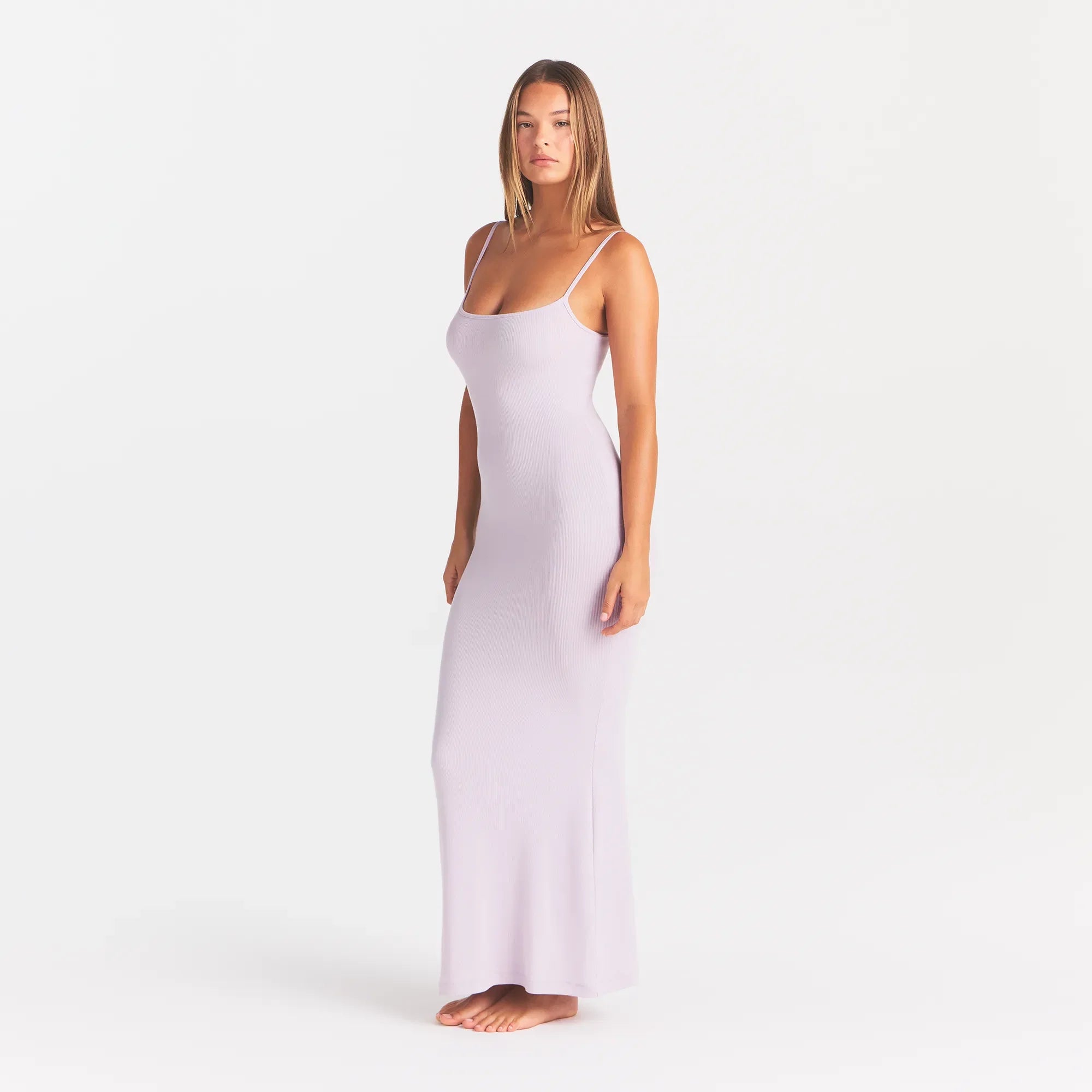 SOFT LOUNGE LONG SLIP DRESS | IRIS MICA ON A MODEL SIDE VIEW @ | FOCUS: 0.0, 1.0, 0.9
