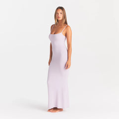 SOFT LOUNGE LONG SLIP DRESS | IRIS MICA ON A MODEL SIDE VIEW @ | FOCUS: 0.0, 1.0, 0.9