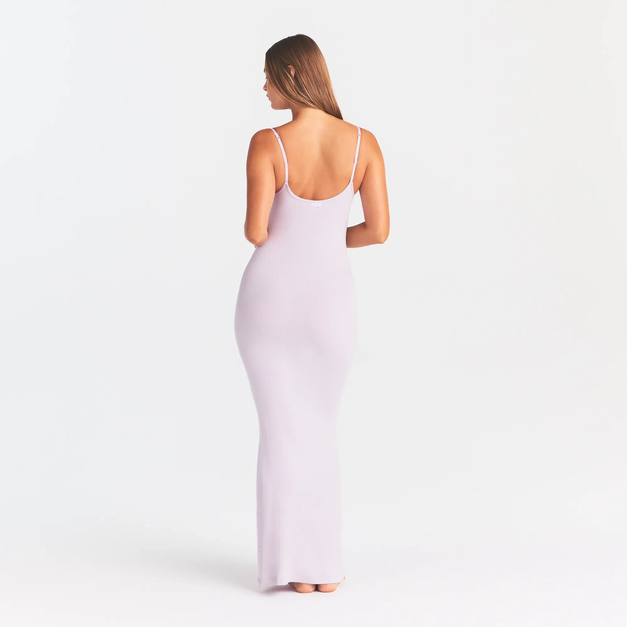 SOFT LOUNGE LONG SLIP DRESS | IRIS MICA ON A MODEL BACK VIEW @ | FOCUS: 0.0, 1.0, 0.9