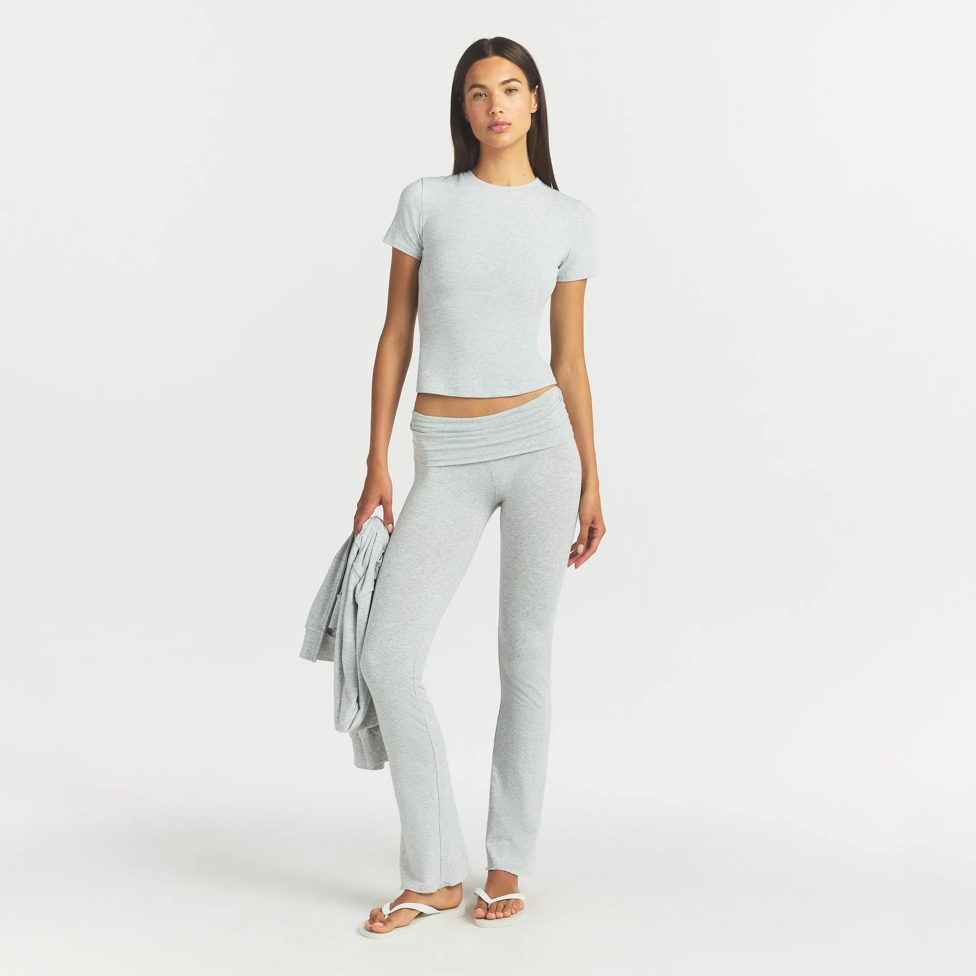 COTTON JERSEY FOLDOVER PANT | LIGHT HEATHER GREY ON A MODEL FRONT VIEW @ | FOCUS: 0.0, 1.0, 0.9