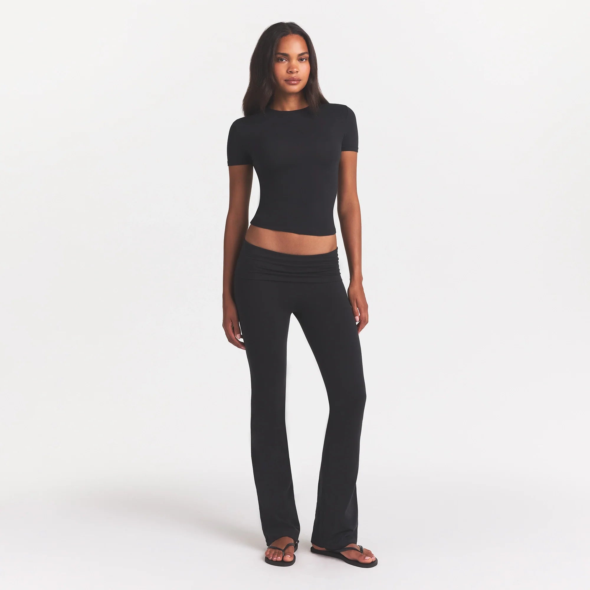 COTTON JERSEY FOLDOVER PANT | SOOT ON A MODEL FRONT VIEW @ | FOCUS: 0.0, 1.0, 0.9