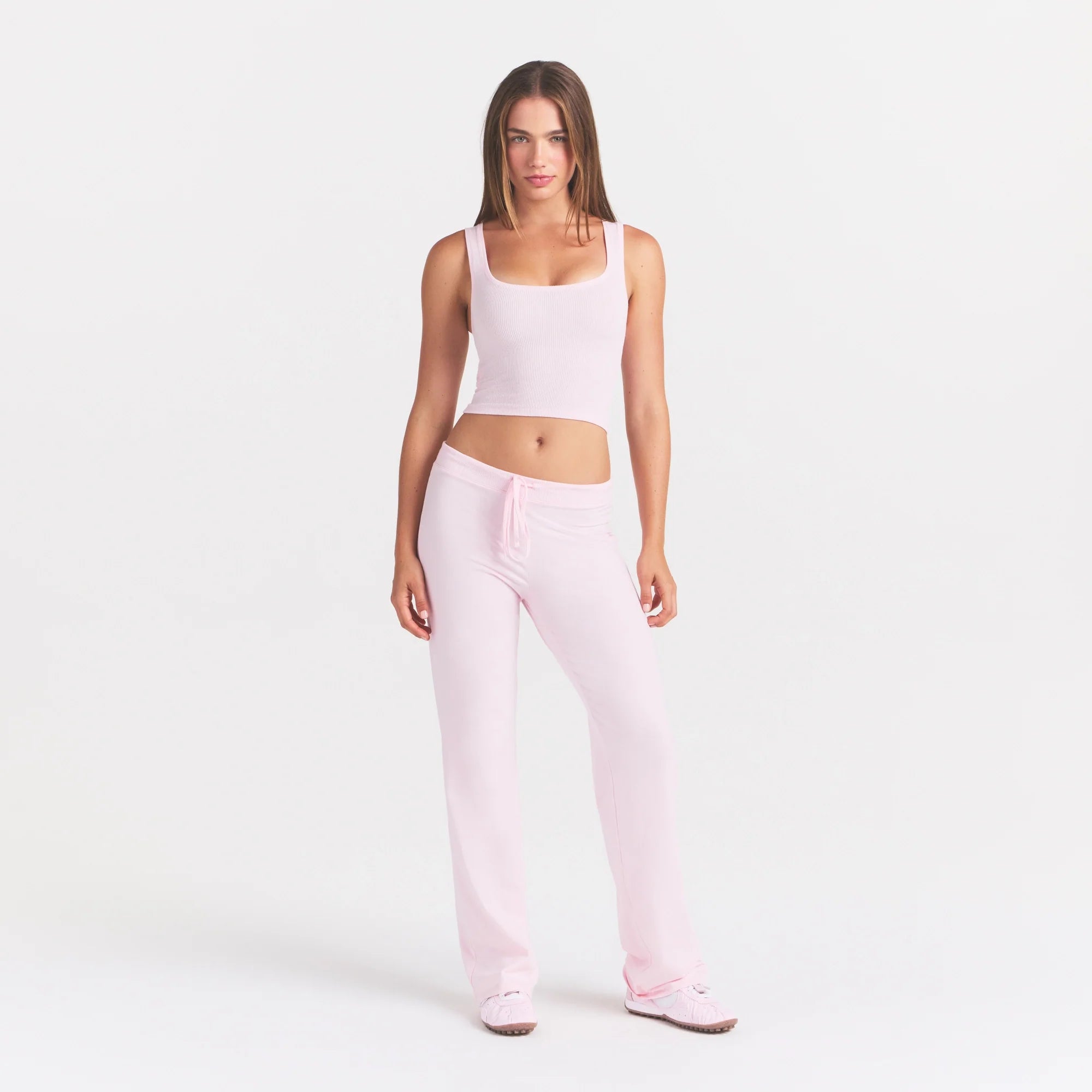 COTTON JERSEY STRAIGHT LEG PANT | CHERRY BLOSSOM ON A MODEL FRONT VIEW @ | FOCUS: 0.0, 1.0, 0.9