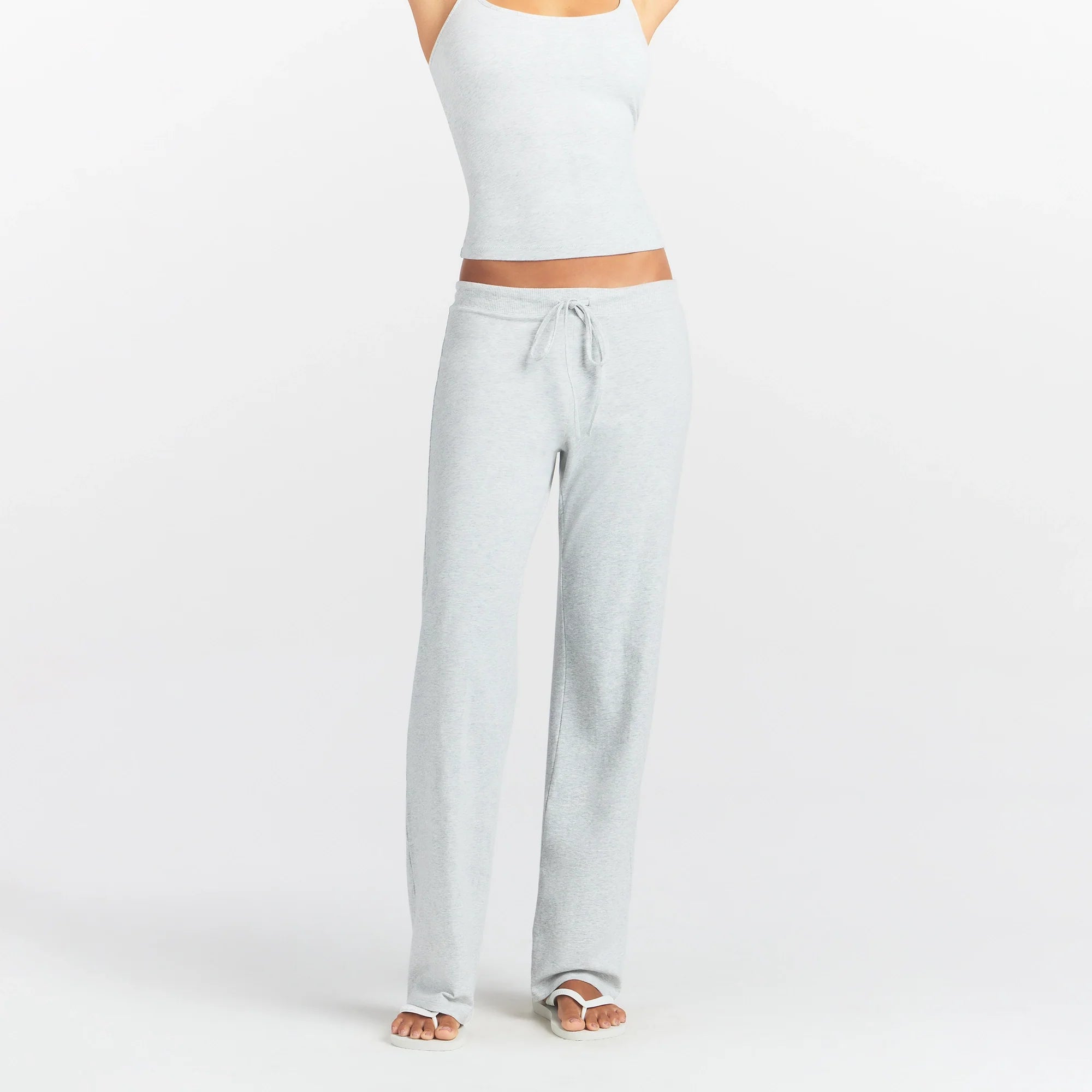 COTTON JERSEY STRAIGHT LEG PANT | LIGHT HEATHER GREY ON A MODEL FRONT VIEW