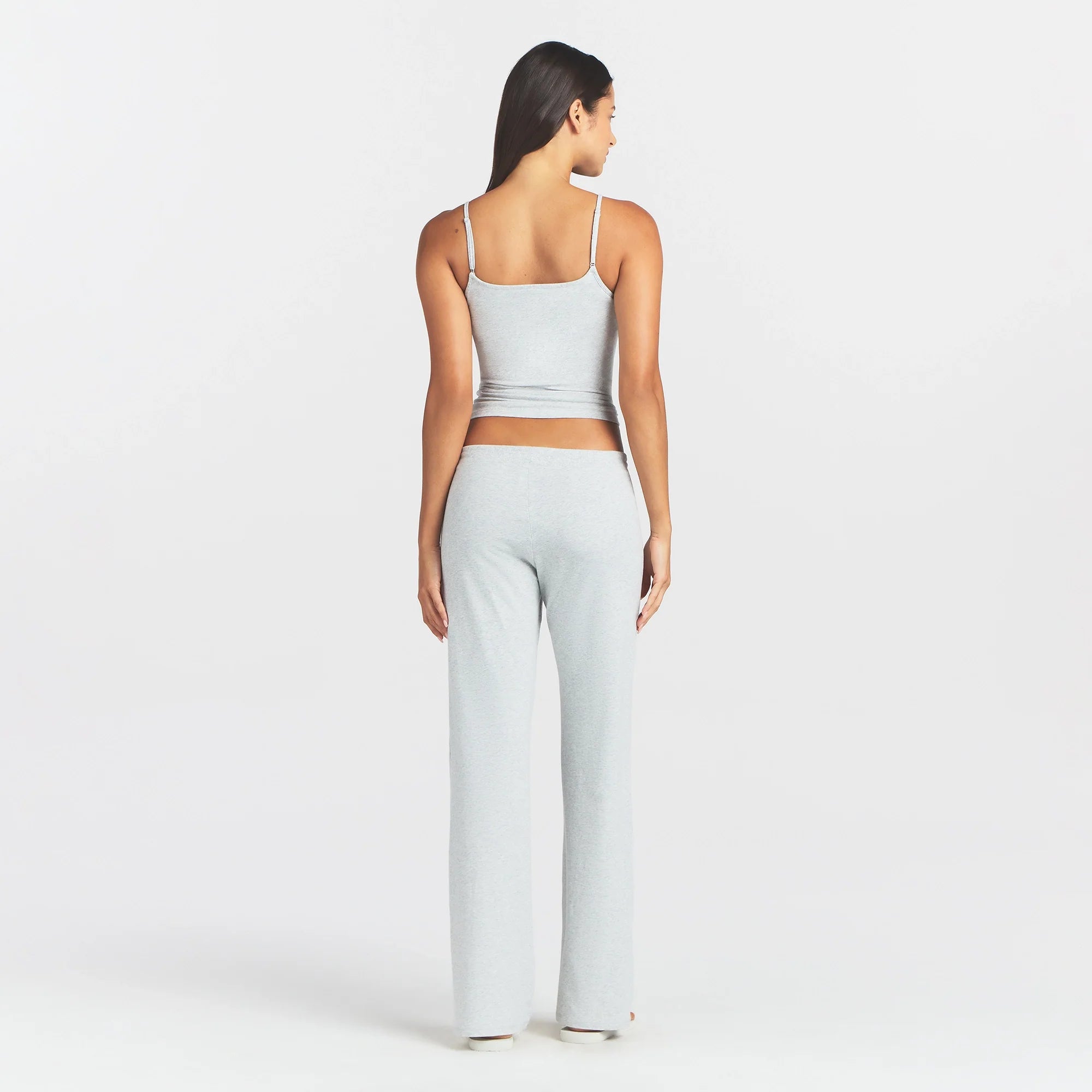 COTTON JERSEY STRAIGHT LEG PANT | LIGHT HEATHER GREY ON A MODEL BACK VIEW