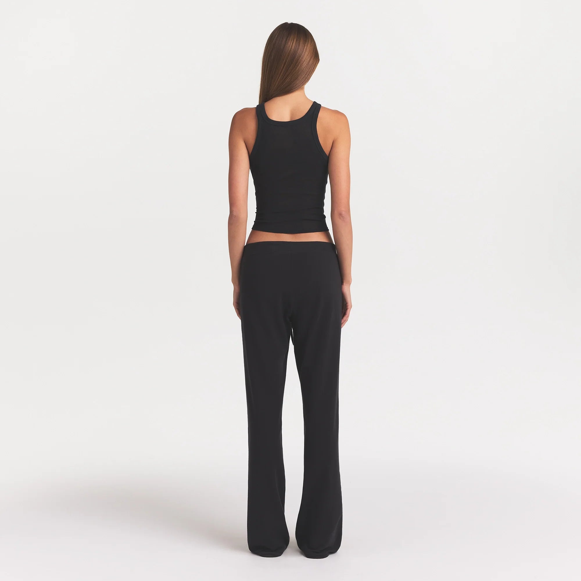 COTTON JERSEY STRAIGHT LEG PANT | SOOT ON A MODEL BACK VIEW