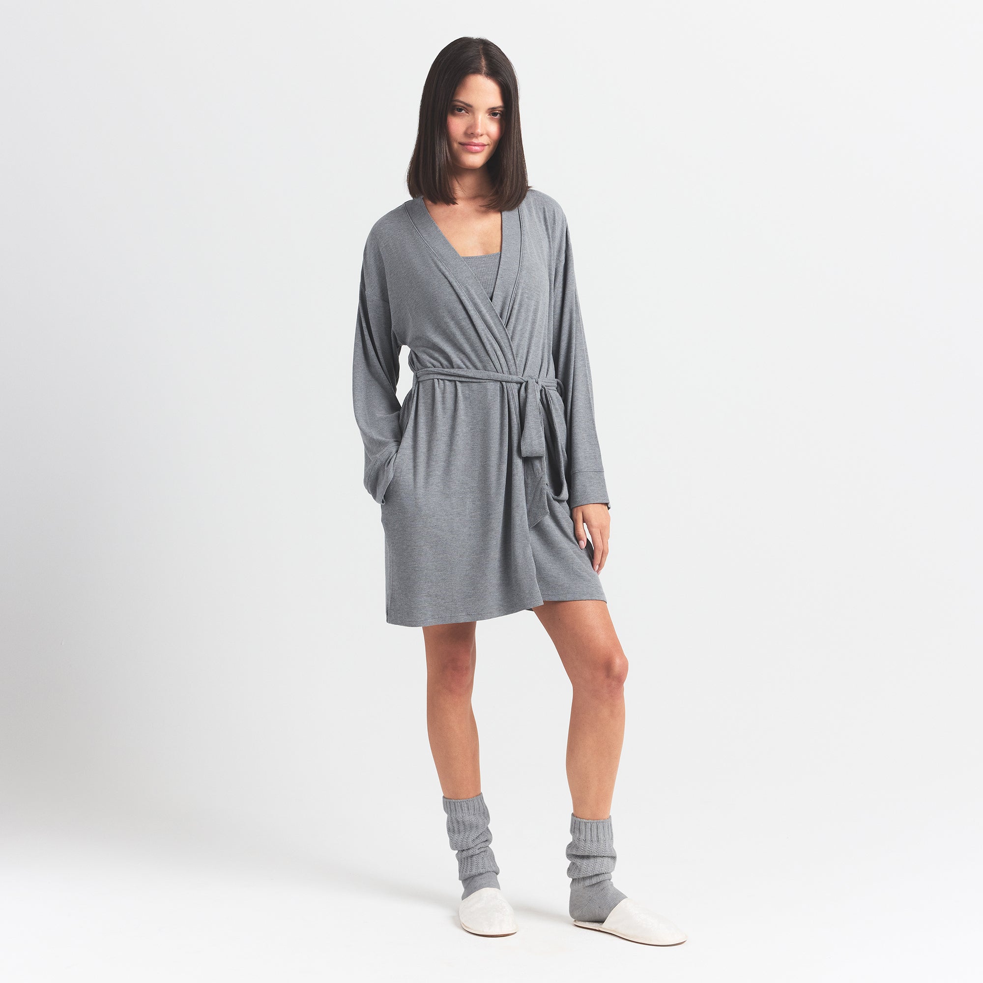 SOFT LOUNGE ROBE | HEATHER GREY ON A MODEL FRONT VIEW @ | FOCUS: 0.0, 1.0, 0.9