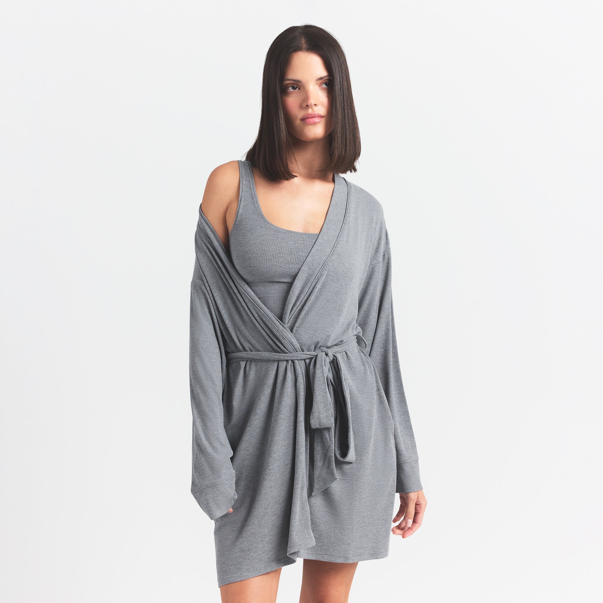 SOFT LOUNGE ROBE | HEATHER GREY ON A MODEL FRONT VIEW @ | FOCUS: 0.0, 1.0, 0.9