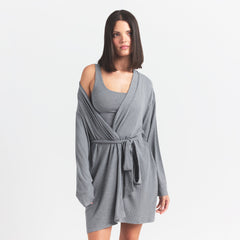 SOFT LOUNGE ROBE | HEATHER GREY ON A MODEL FRONT VIEW @ | FOCUS: 0.0, 1.0, 0.9
