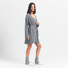 SOFT LOUNGE ROBE | HEATHER GREY ON A MODEL SIDE VIEW @ | FOCUS: 0.0, 1.0, 0.9