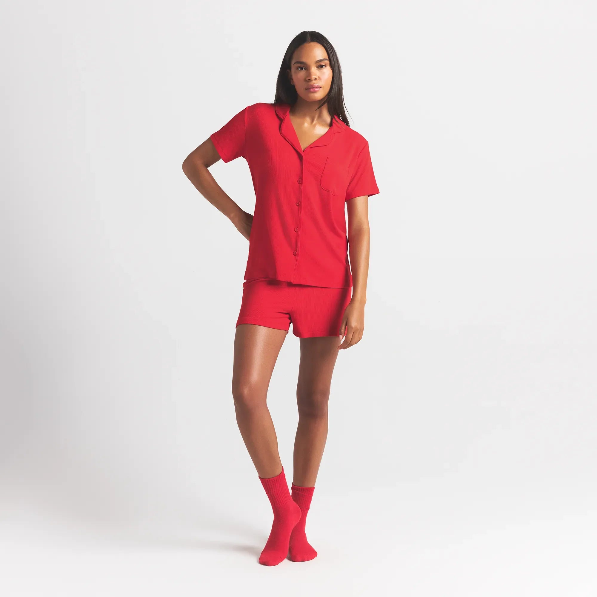 SOFT LOUNGE SHORT SLEEP SET | CHERRY ON A MODEL FRONT VIEW @ | FOCUS: 0.0, 1.0, 0.9