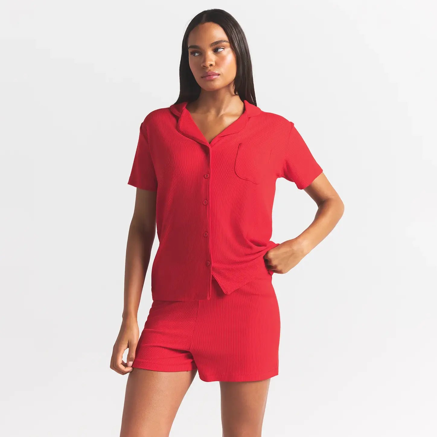 SOFT LOUNGE SHORT SLEEP SET | CHERRY ON A MODEL FRONT VIEW @ | FOCUS: 0.0, 1.0, 0.9