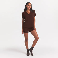 SOFT LOUNGE SHORT SLEEP SET | COCOA ON A MODEL FRONT VIEW