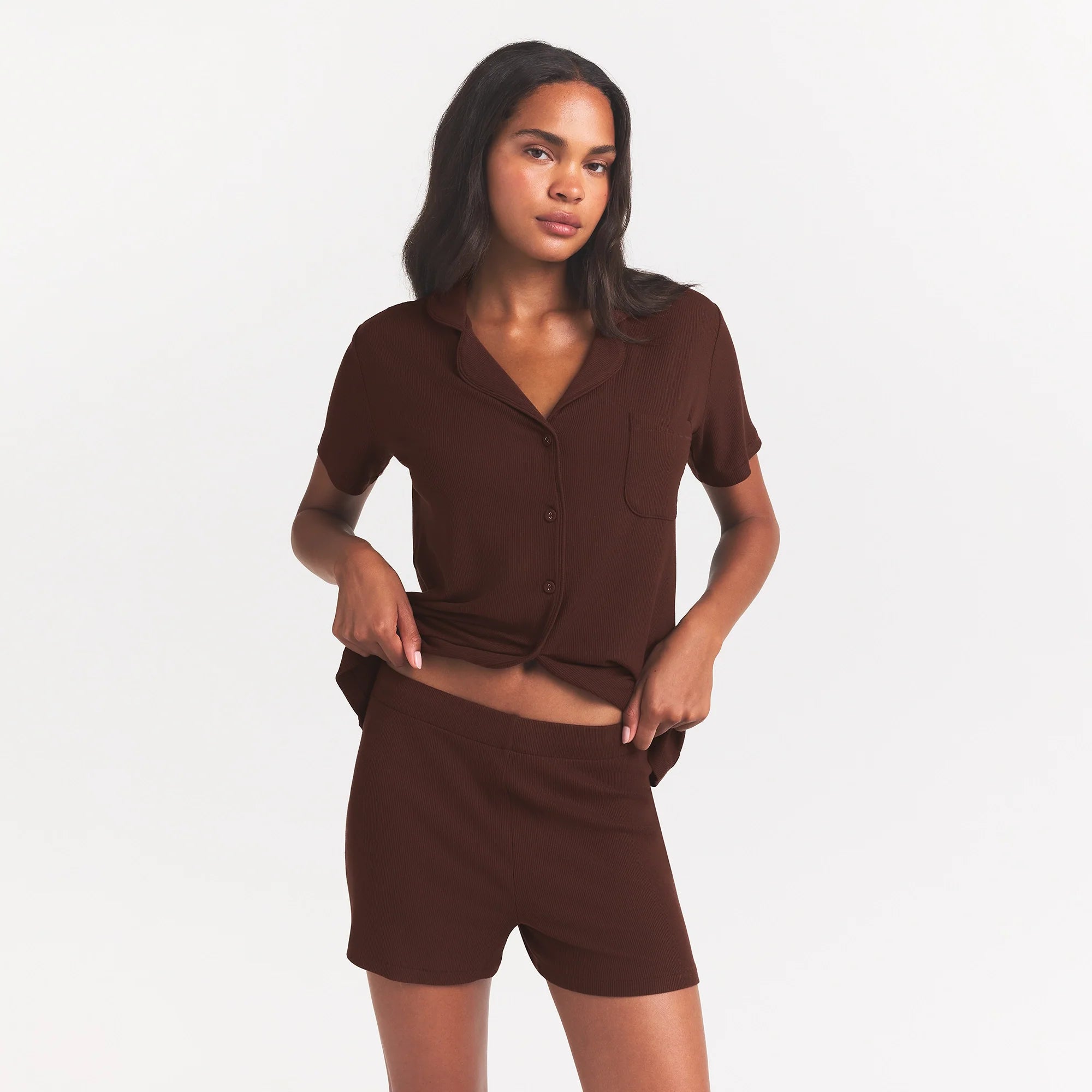 SOFT LOUNGE SHORT SLEEP SET | COCOA ON A MODEL FRONT VIEW