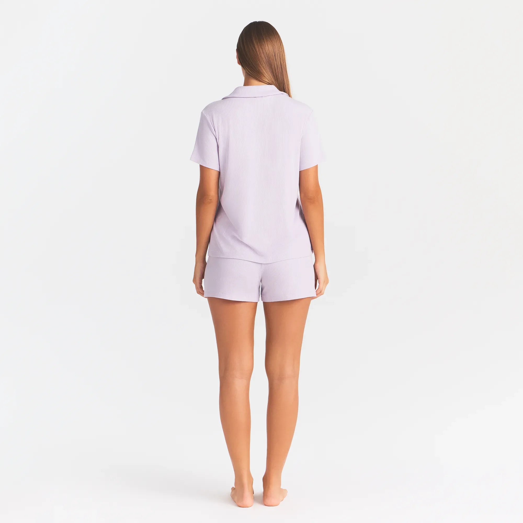 SOFT LOUNGE SHORT SLEEP SET | IRIS MICA ON A MODEL BACK VIEW @ | FOCUS: 0.0, 1.0, 0.9
