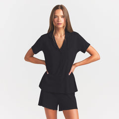 SOFT LOUNGE SHORT SLEEP SET | ONYX ON A MODEL FRONT VIEW @ | FOCUS: 0.0, 1.0, 0.9