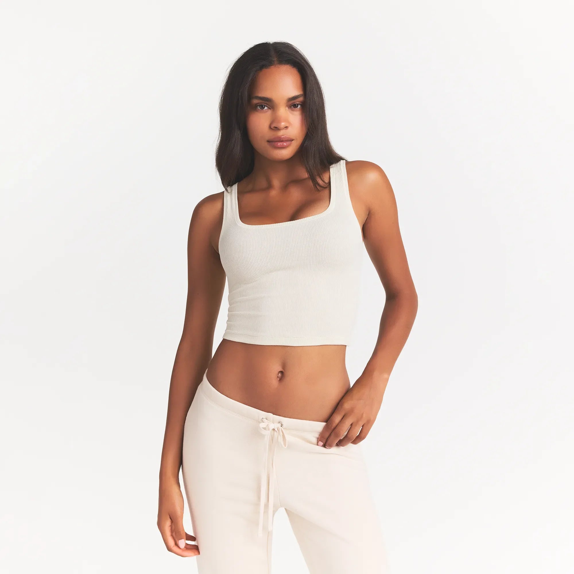 COTTON RIB TANK | BONE ON A MODEL FRONT VIEW @ | FOCUS: 0.0, 1.0, 0.9