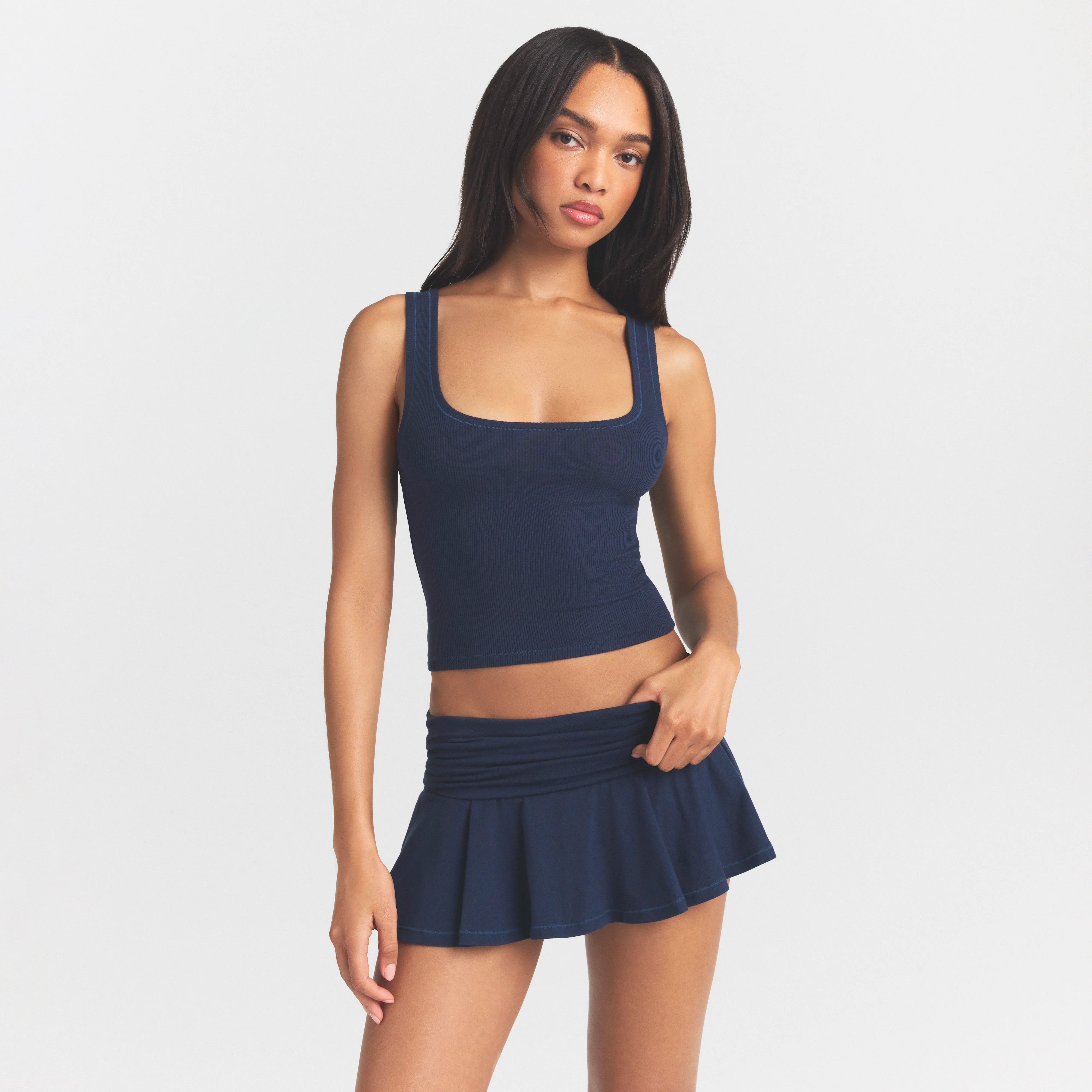 COTTON RIB TANK | NAVY ON A MODEL SIDE VIEW @ | FOCUS: 0.0, 1.0, 0.9