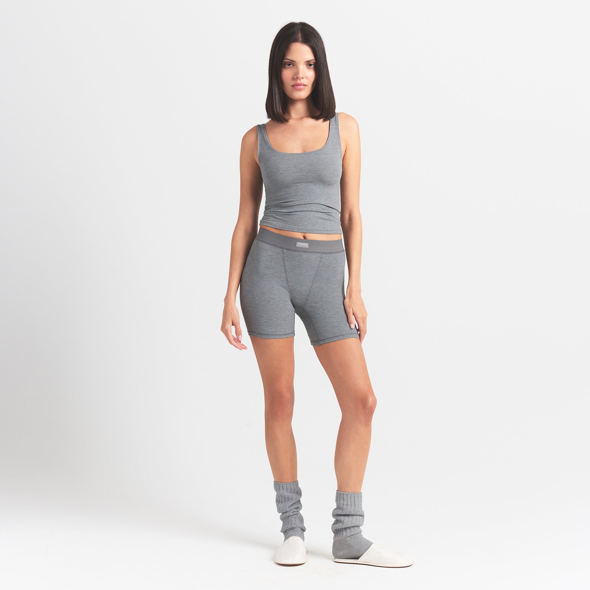 SOFT LOUNGE TANK | HEATHER GREY ON A MODEL FRONT VIEW @ | FOCUS: 0.0, 1.0, 0.9