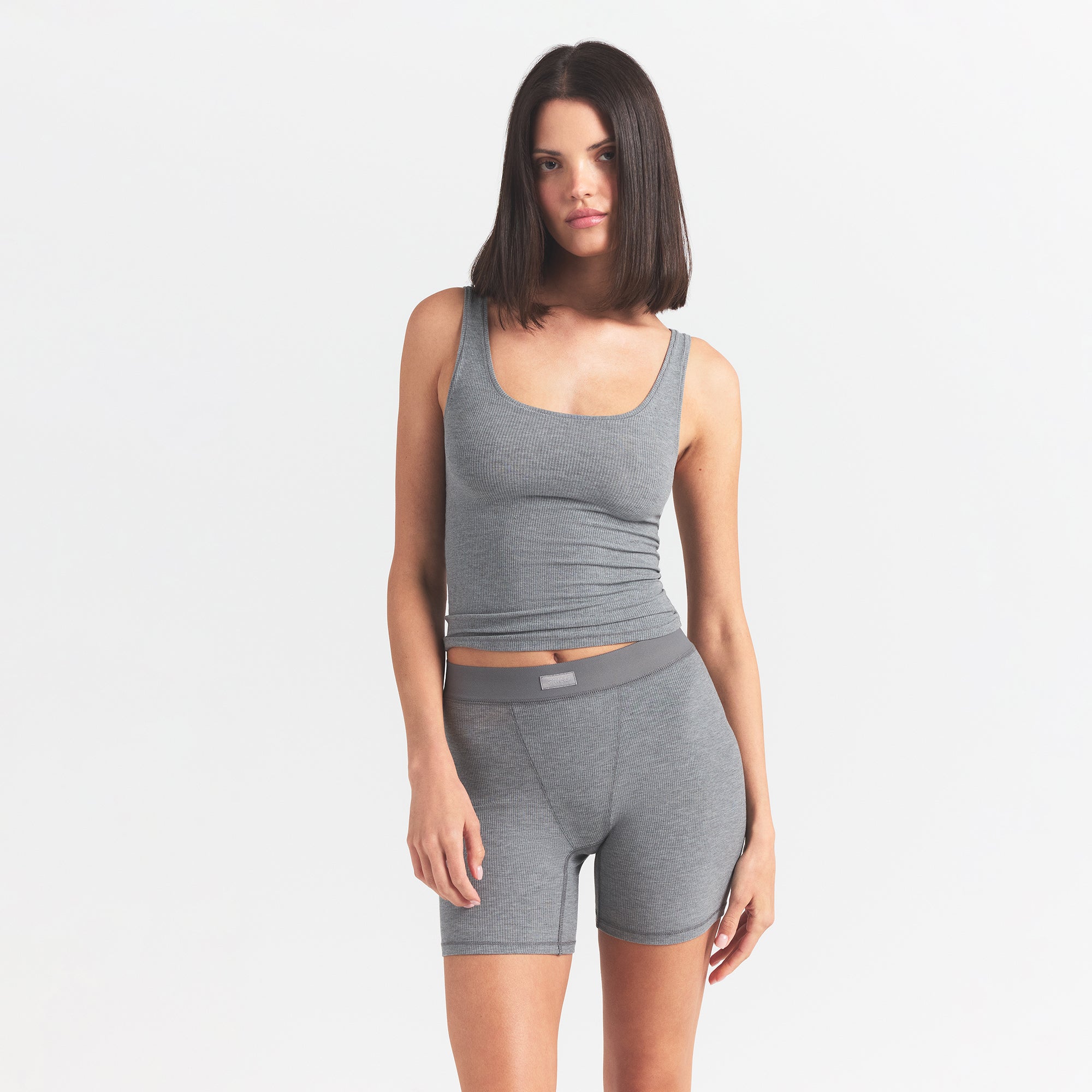SOFT LOUNGE TANK | HEATHER GREY ON A MODEL FRONT VIEW @ | FOCUS: 0.0, 1.0, 0.9