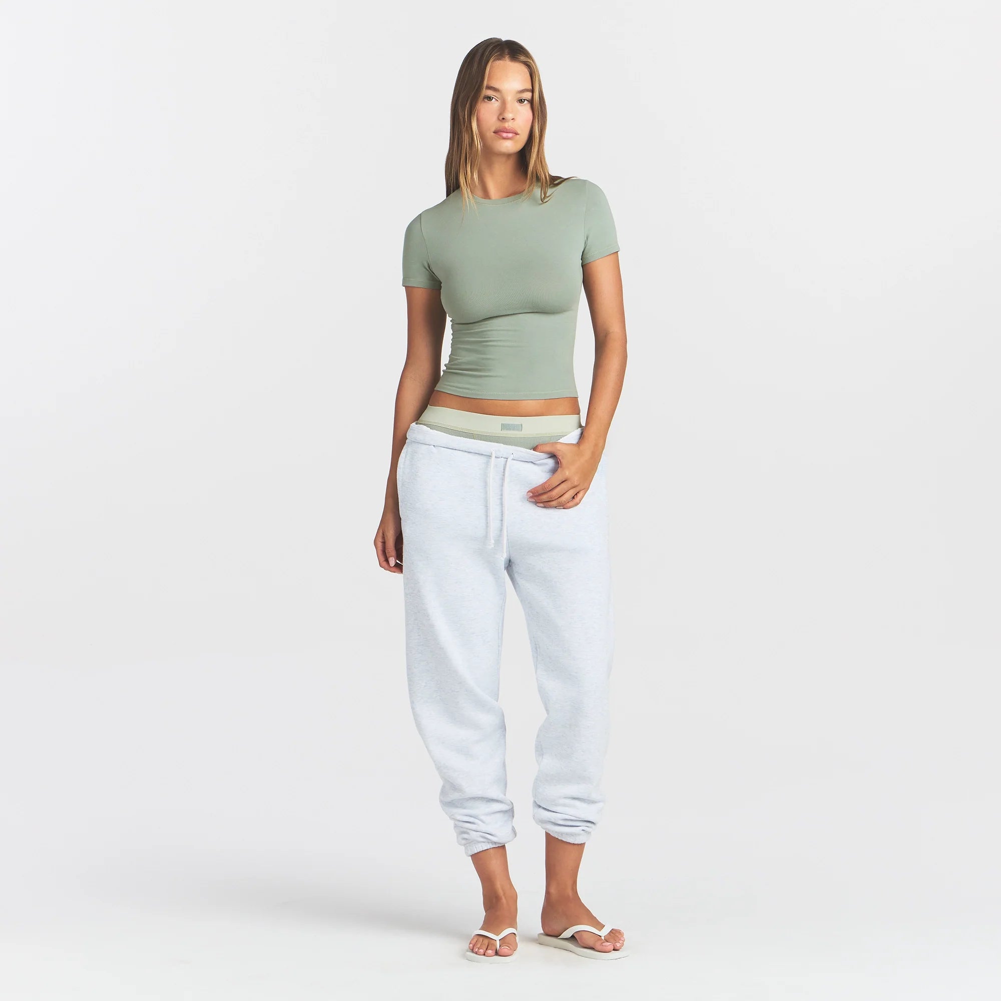 COTTON JERSEY T-SHIRT | MINERAL ON A MODEL FRONT VIEW