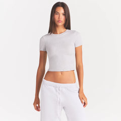 COTTON RIB T-SHIRT | LIGHT HEATHER GREY ON A MODEL SIDE VIEW @ | FOCUS: 0.0, 1.0, 0.9