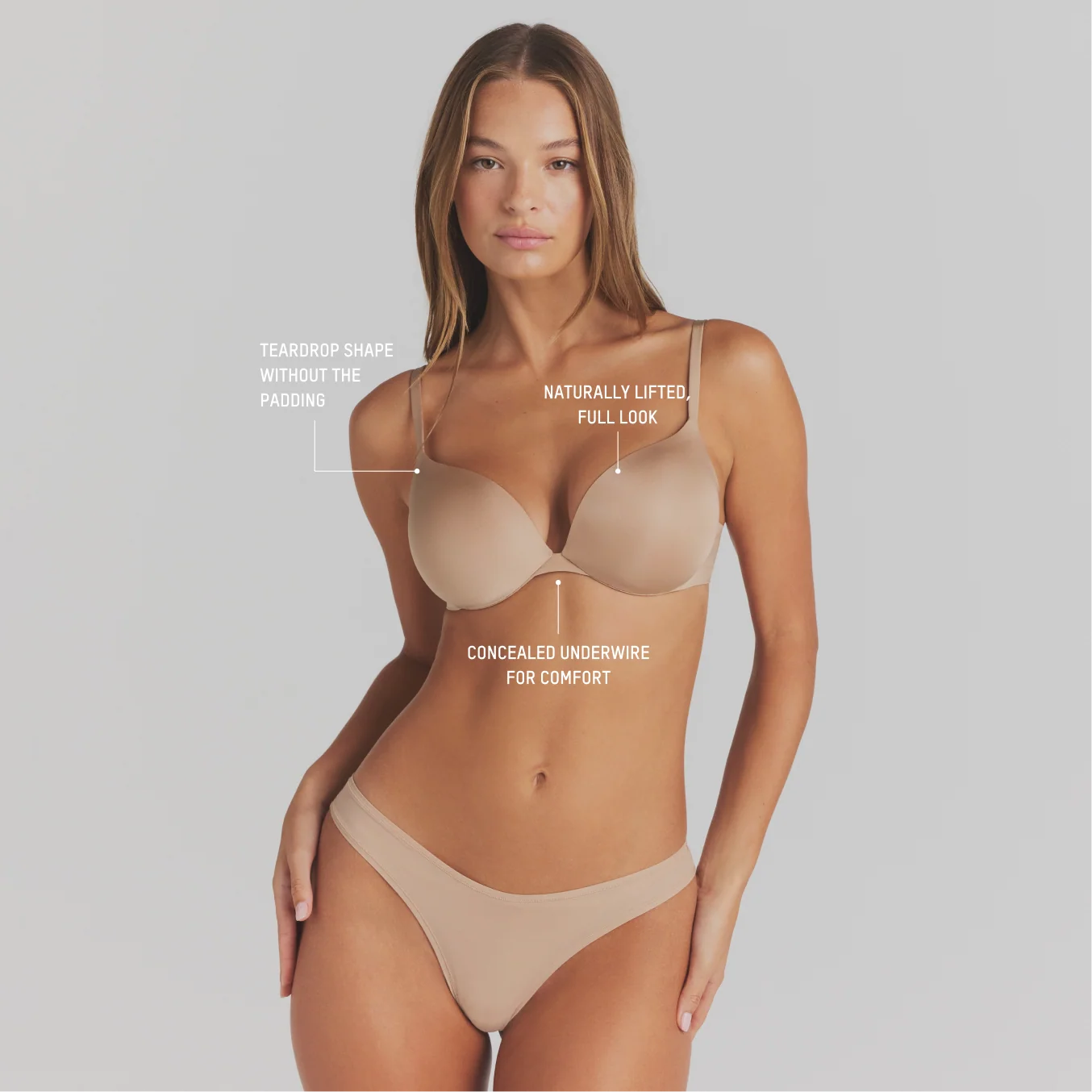 SKIMS ULTIMATE TEARDROP T-SHIRT BRA | CLAY ON A MODEL SIDE VIEW @ | FOCUS: 0.0, 1.0, 0.9