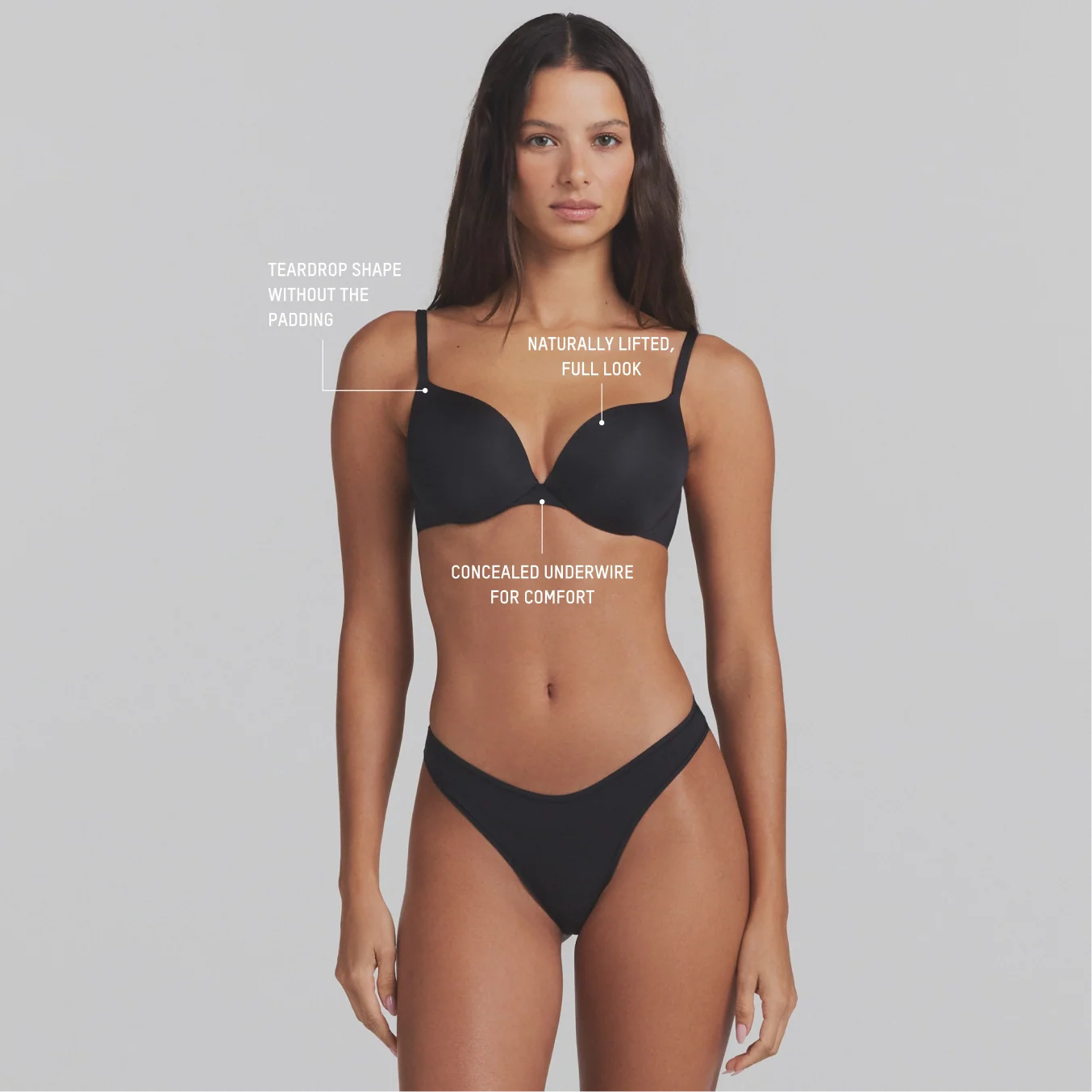 SKIMS ULTIMATE TEARDROP T-SHIRT BRA | ONYX ON A MODEL SIDE VIEW @ | FOCUS: 0.0, 1.0, 0.9
