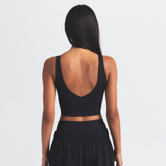 NikeSKIMS MATTE V-NECK BRA TOP | OBSIDIAN ON A MODEL BACK VIEW @ | FOCUS: 0.0, 1.0, 0.9