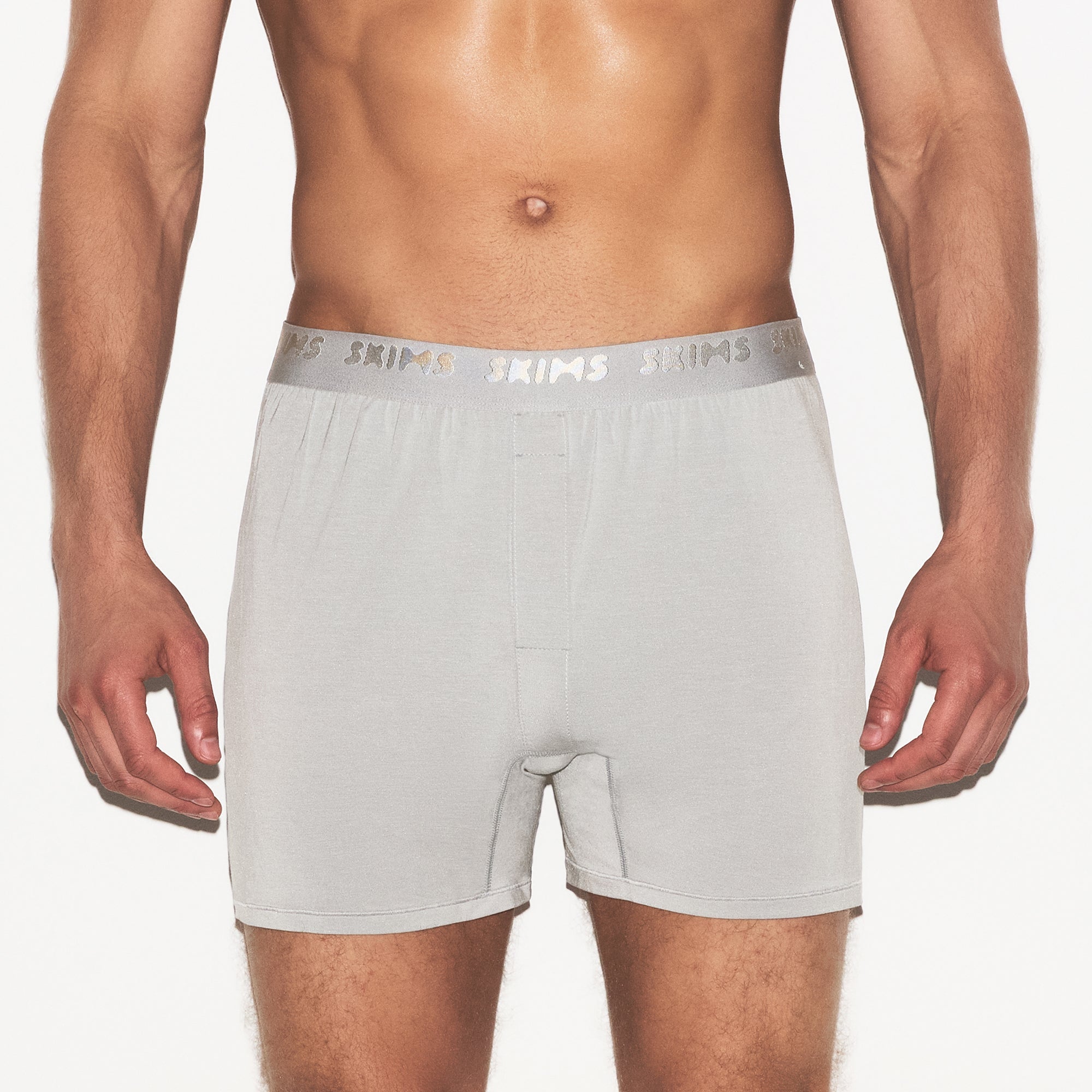 SKIMS STRETCH MENS KNIT BOXER 3-PACK | GUNMETAL MULTI ON A MODEL SIDE VIEW | FOCUS: 0.0, 1.0, 0.9