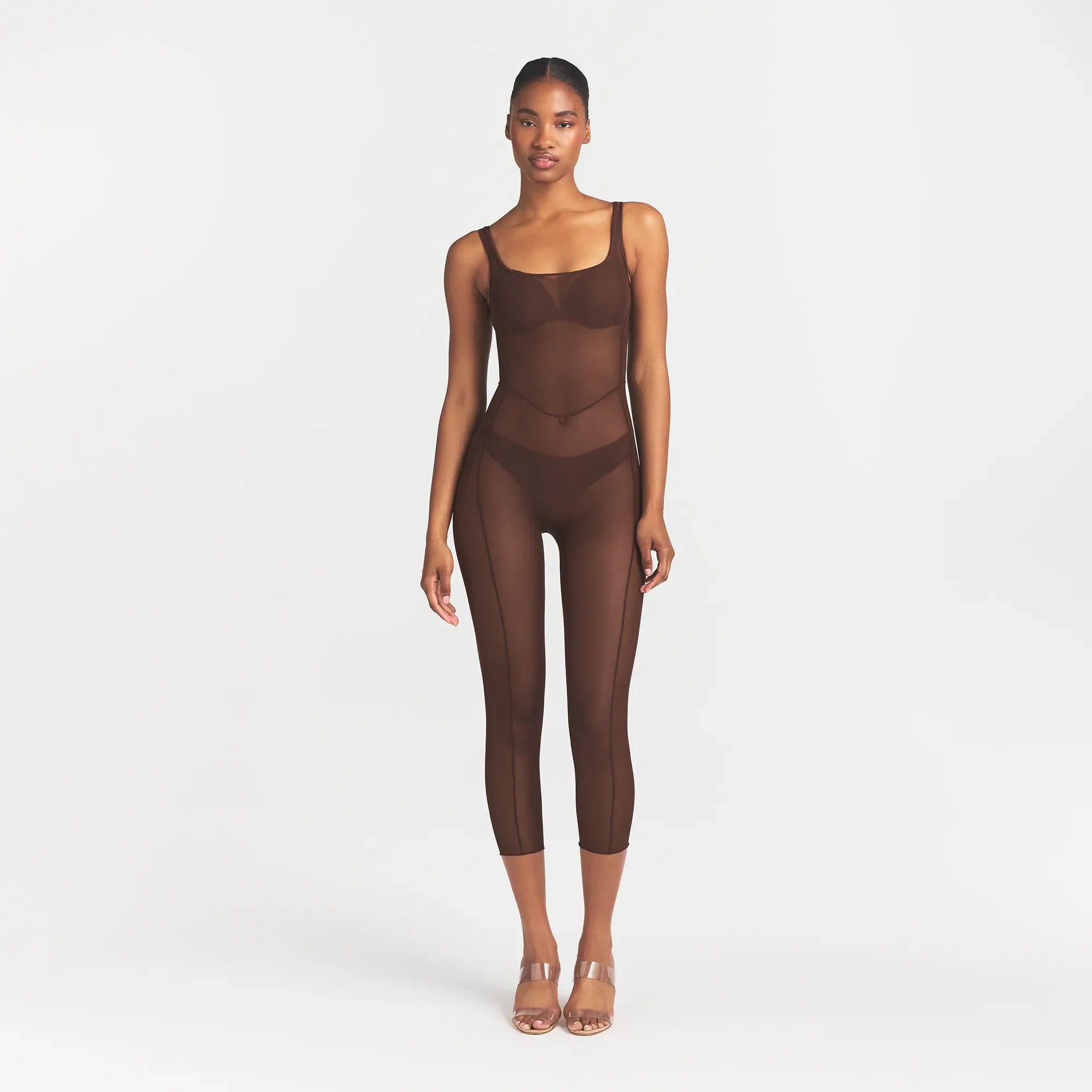 POWER MESH CATSUIT | COCOA ON A MODEL FRONT VIEW @