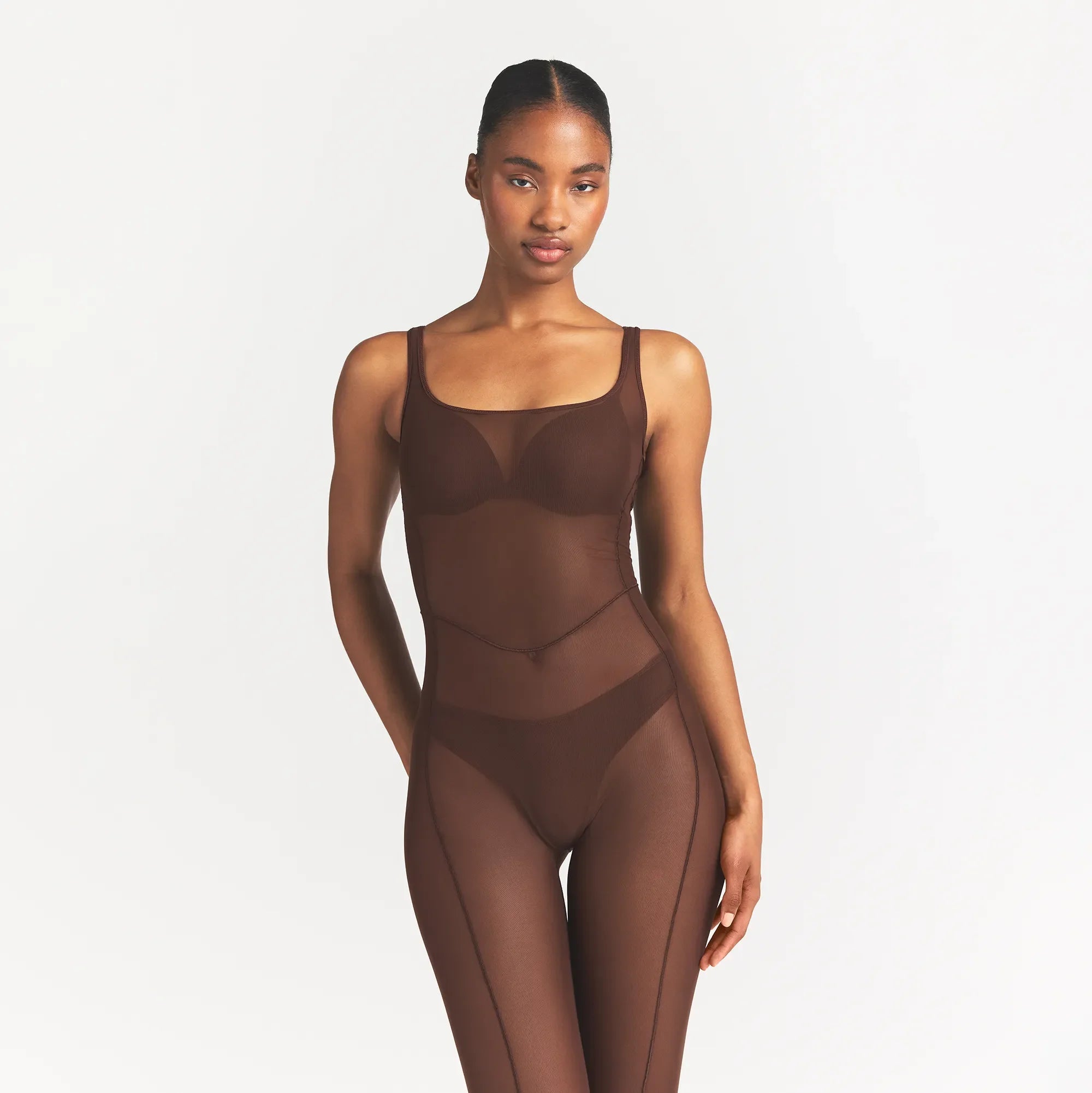 POWER MESH CATSUIT | COCOA ON A MODEL FRONT VIEW @
