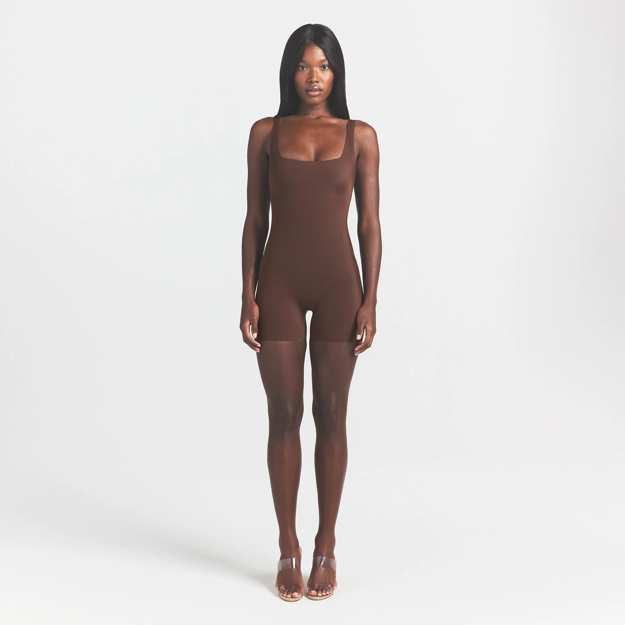 COOL SHAPEWEAR MID THIGH BODYSUIT | COCOA ON A MODEL FRONT VIEW @ | FOCUS: 0.0, 1.0, 0.9