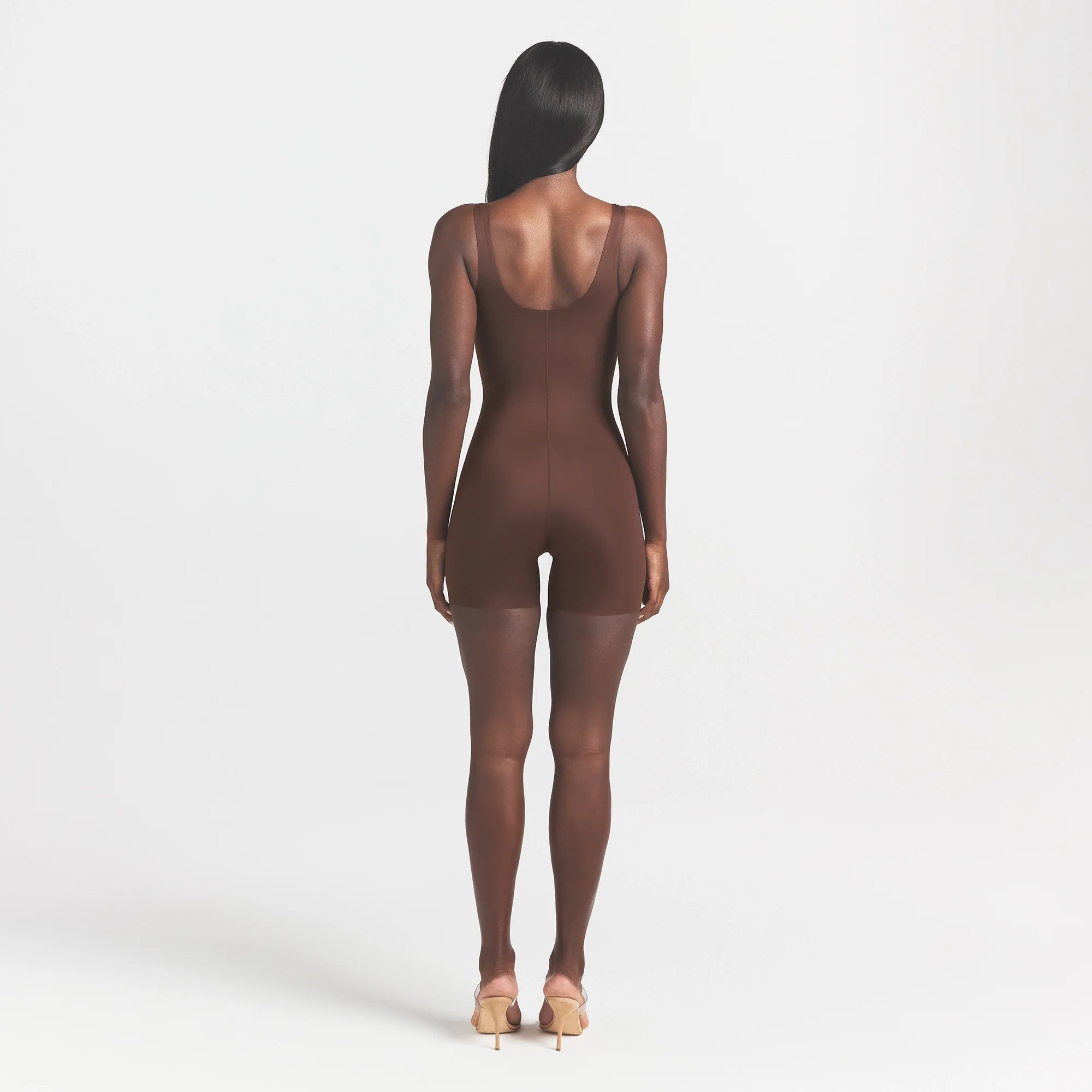 COOL SHAPEWEAR MID THIGH BODYSUIT | COCOA ON A MODEL BACK VIEW @ | FOCUS: 0.0, 1.0, 0.9