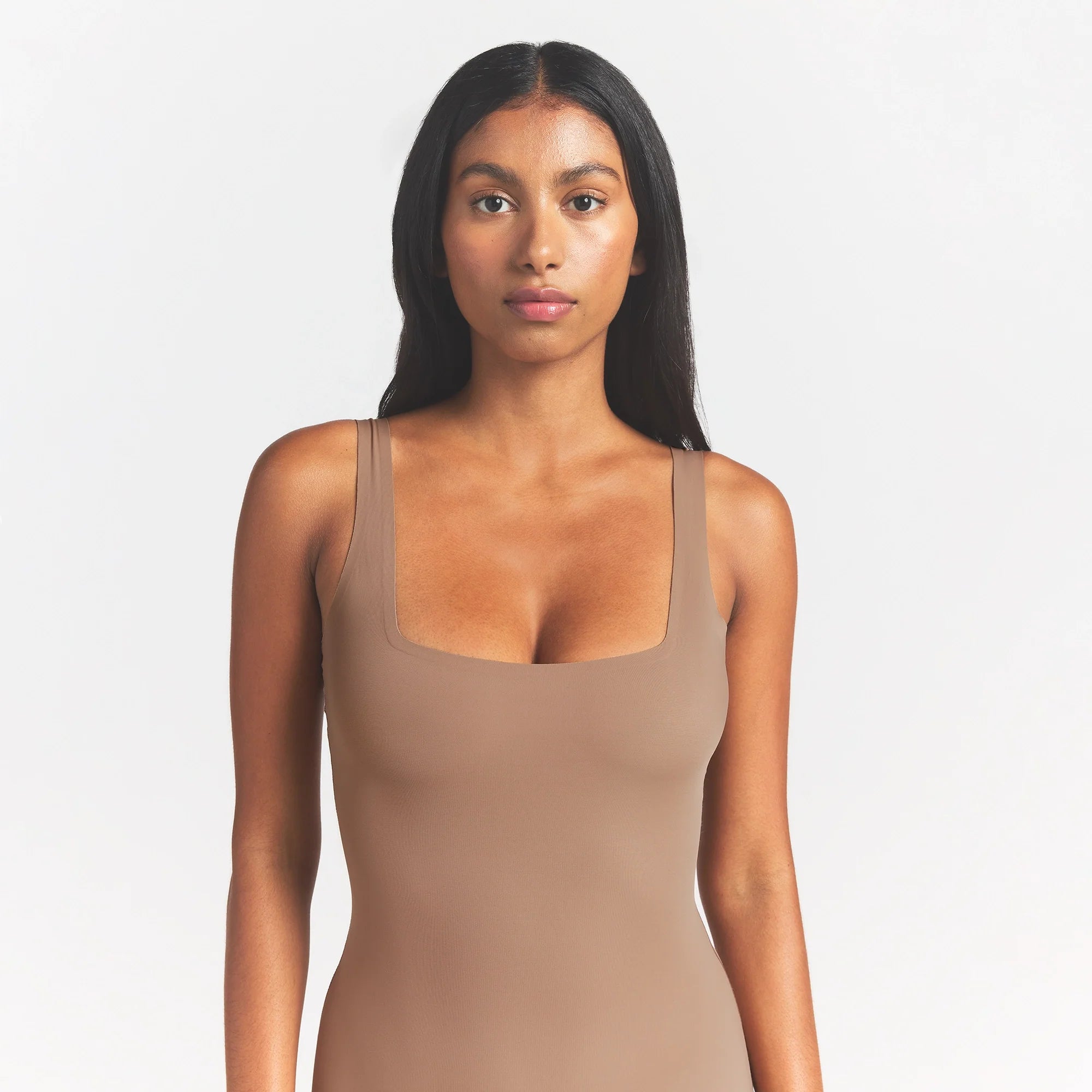 COOL SHAPEWEAR MID THIGH BODYSUIT | SIENNA ON A MODEL FRONT VIEW @ | FOCUS: 0.0, 1.0, 0.9