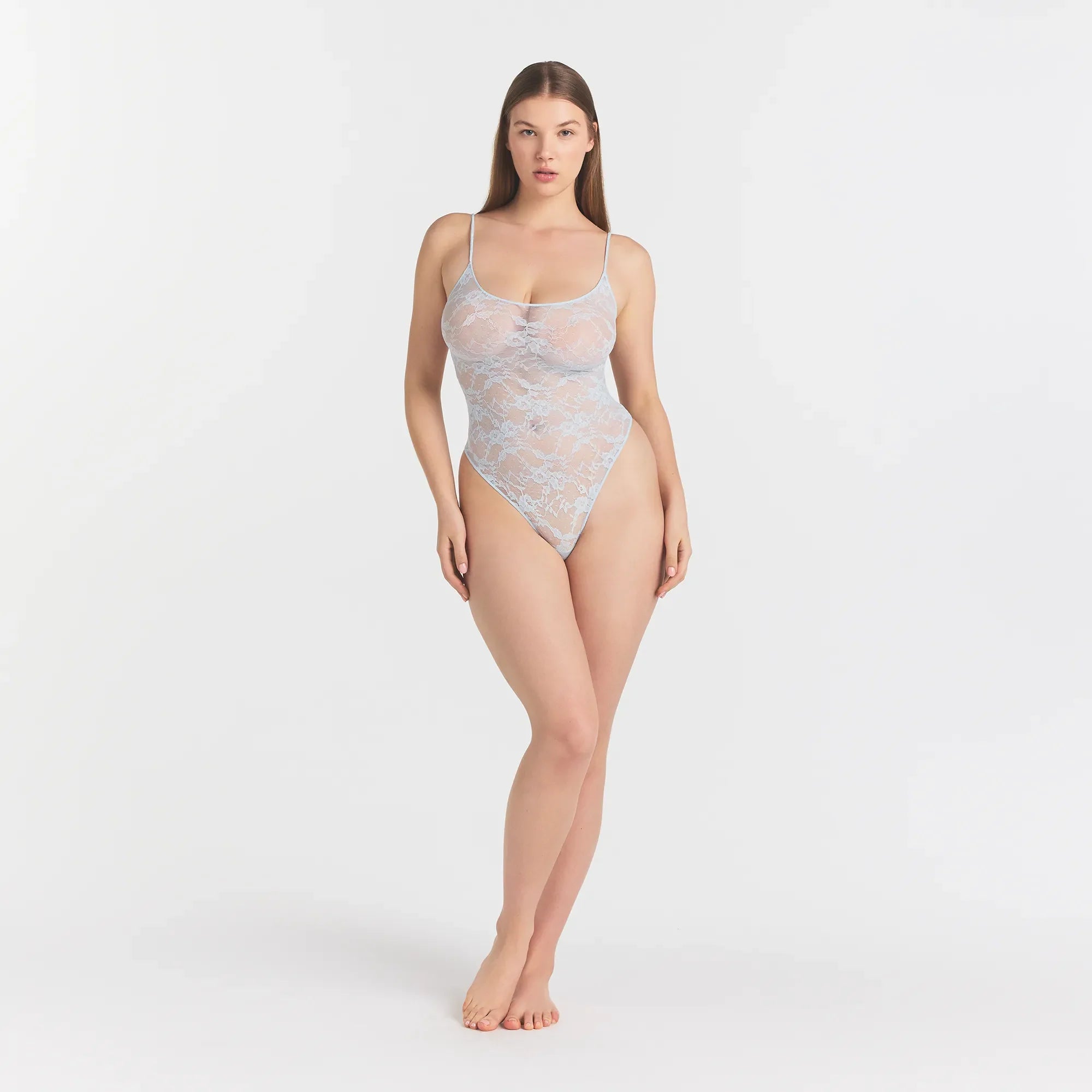 STRETCH LACE SCOOP NECK BODYSUIT | POWDER BLUE ON A MODEL FRONT VIEW @ | FOCUS: 0.0, 1.0, 0.9
