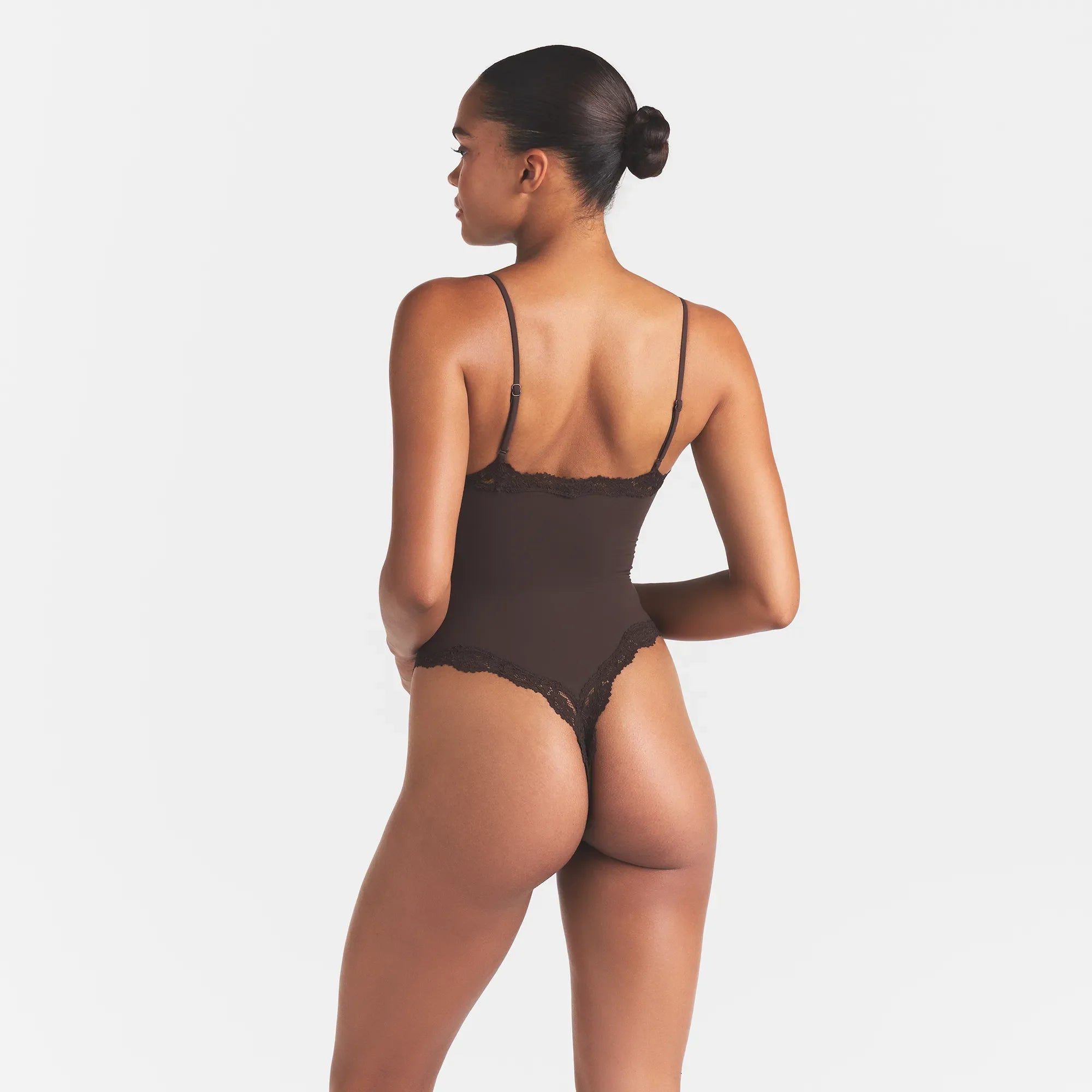 FITS EVERYBODY LACE CAMI BODYSUIT | ESPRESSO ON A MODEL FRONT VIEW @ | FOCUS: 0.0, 1.0, 0.9
