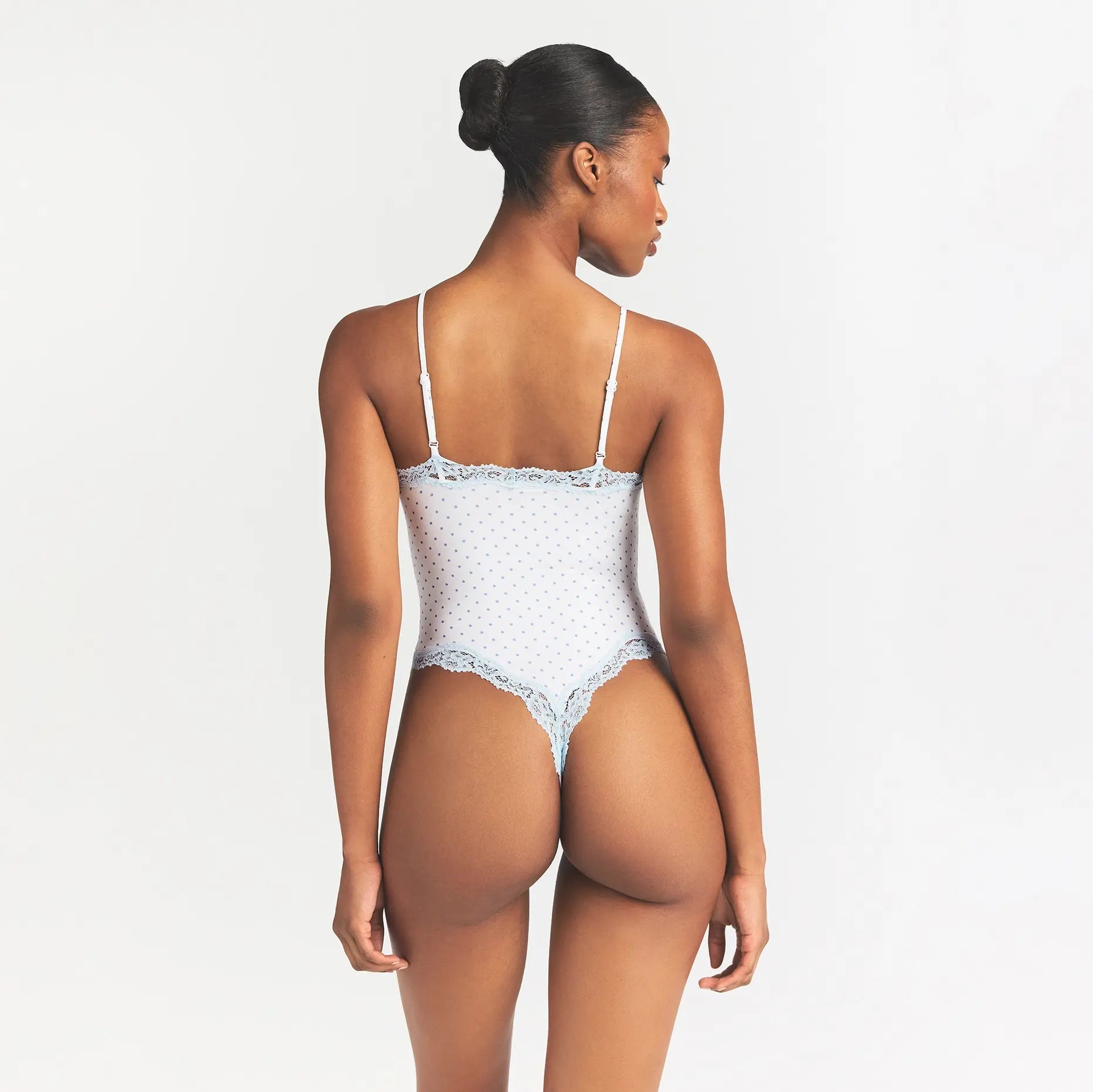 FITS EVERYBODY LACE CAMI BODYSUIT | SLATE PIN DOT PRINT ON A MODEL BACK VIEW @ | FOCUS: 0.0, 1.0, 0.9