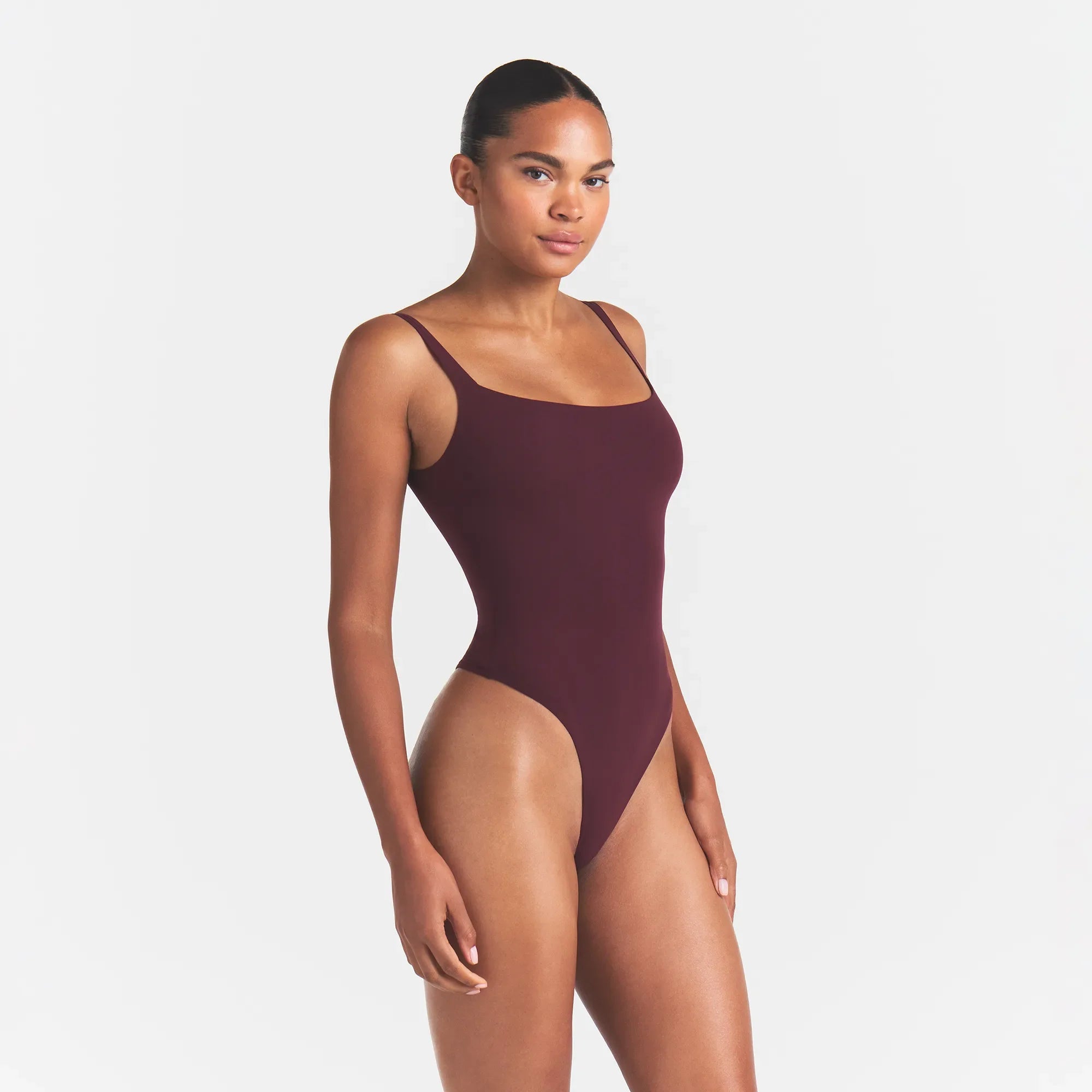 FITS EVERYBODY SQUARE NECK BODYSUIT | CURRANT ON A MODEL | FOCUS: 0.0, 1.0, 0.9