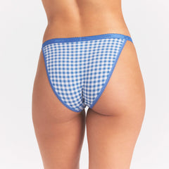 LIGHTWEIGHT COTTON LOGO PICOT STRING BIKINI | ARCTIC GINGHAM ON A MODEL SIDE VIEW @ | FOCUS: 0.0, 1.0, 0.9