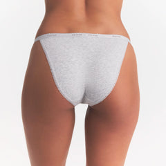 LIGHTWEIGHT COTTON LOGO PICOT STRING BIKINI | LIGHT HEATHER GREY ON A MODEL SIDE VIEW | FOCUS: 0.0, 1.0, 0.9