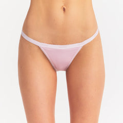 LIGHTWEIGHT COTTON LOGO PICOT STRING BIKINI | PEONY ON A MODEL SIDE VIEW @ | FOCUS: 0.0, 1.0, 0.9
