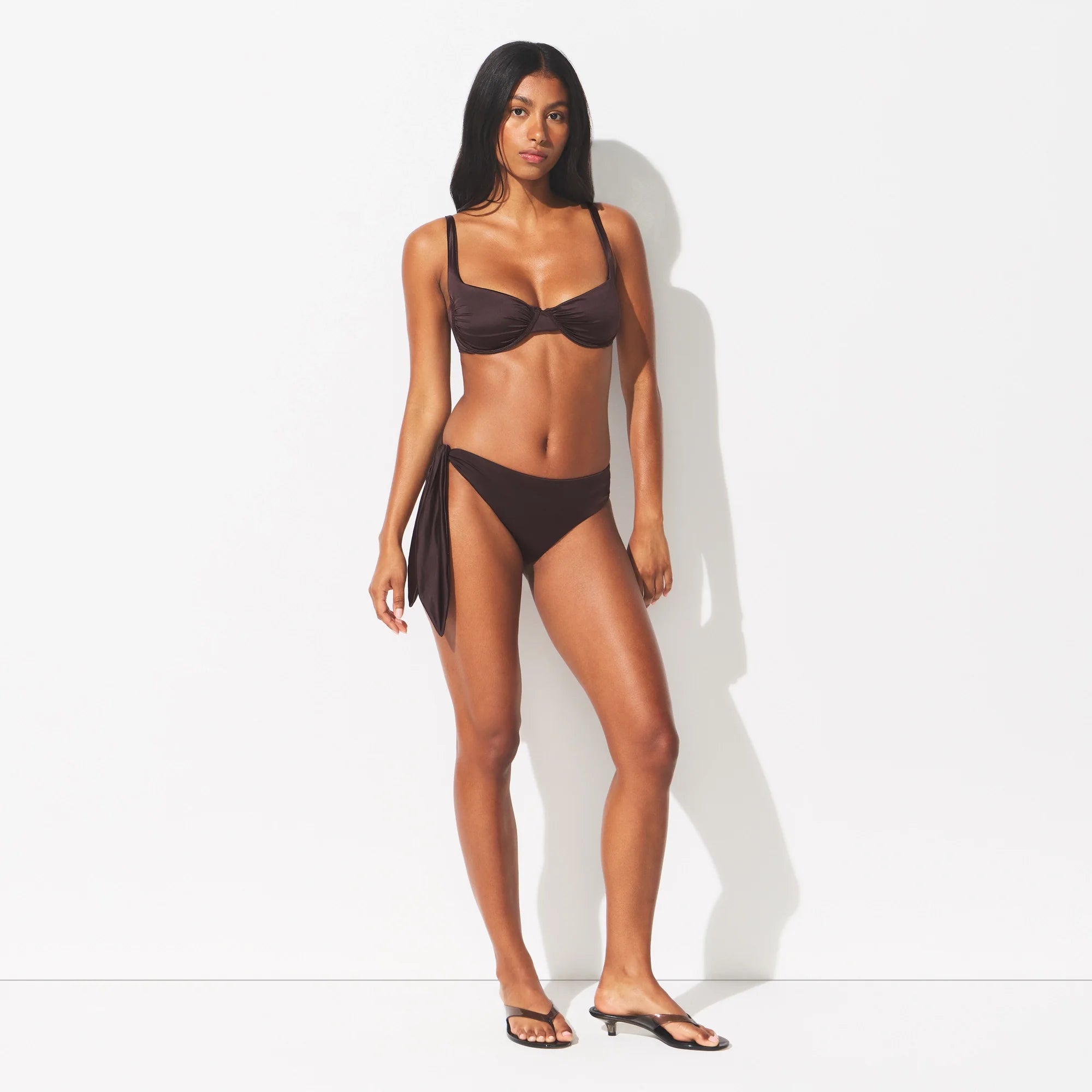 SATIN SWIM TIE SIDE BIKINI BOTTOM | PHOENIX ON A MODEL FRONT VIEW @ | FOCUS: 0.0, 1.0, 0.9 