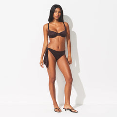 SATIN SWIM TIE SIDE BIKINI BOTTOM | PHOENIX ON A MODEL FRONT VIEW @ | FOCUS: 0.0, 1.0, 0.9 