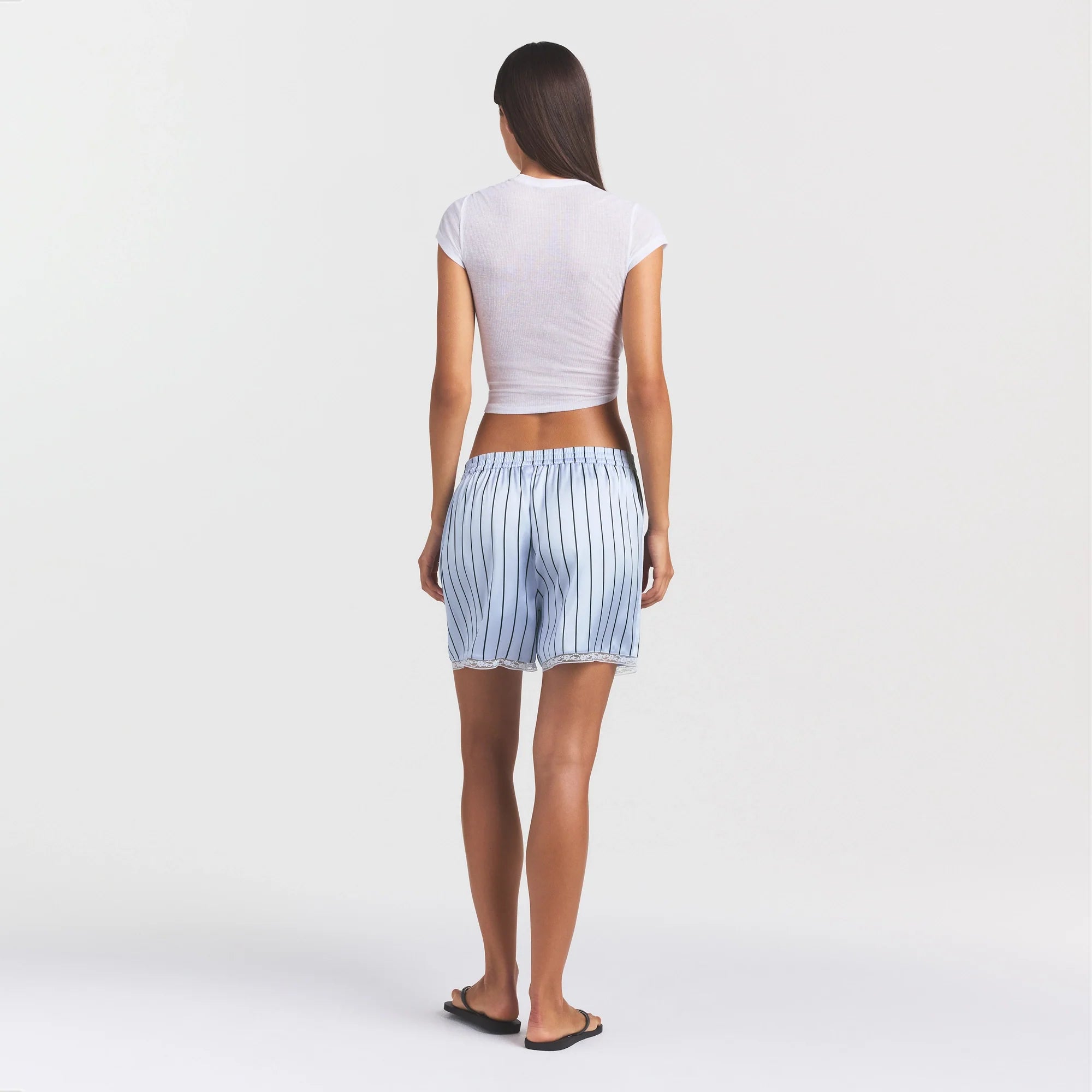 WOVEN SHINE LACE BOXER | PERIWINKLE WIDE STRIPE ON A MODEL FRONT VIEW @ | FOCUS: 0.0, 1.0, 0.9