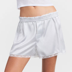 WOVEN SHINE LACE BOXER | SILVER TRIPLE PINSTRIPE ON A MODEL SIDE VIEW @ | FOCUS: 0.0, 1.0, 0.9